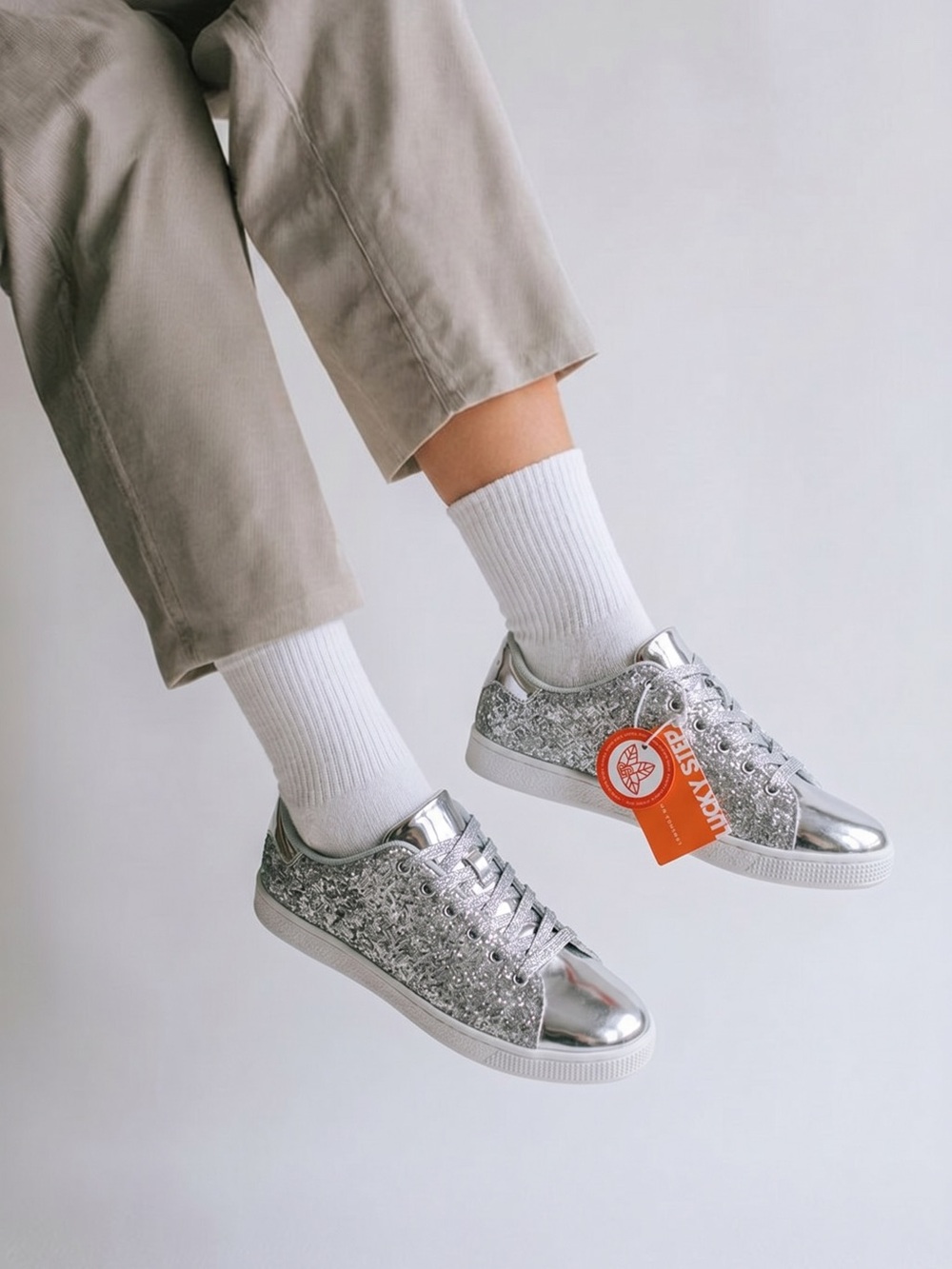 Lucky Step women's lace-up silver Glitter sneakers size 10